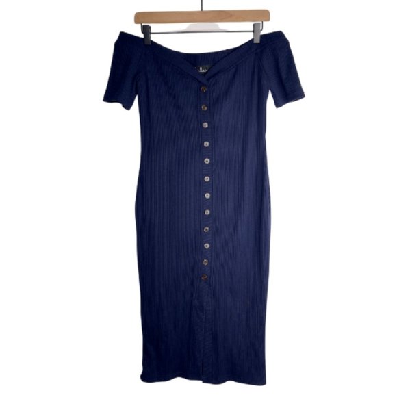 Lulus Dresses & Skirts - LULUS Navy Ribbed Off the Shoulder Button Front Stretch Midi Dress Medium